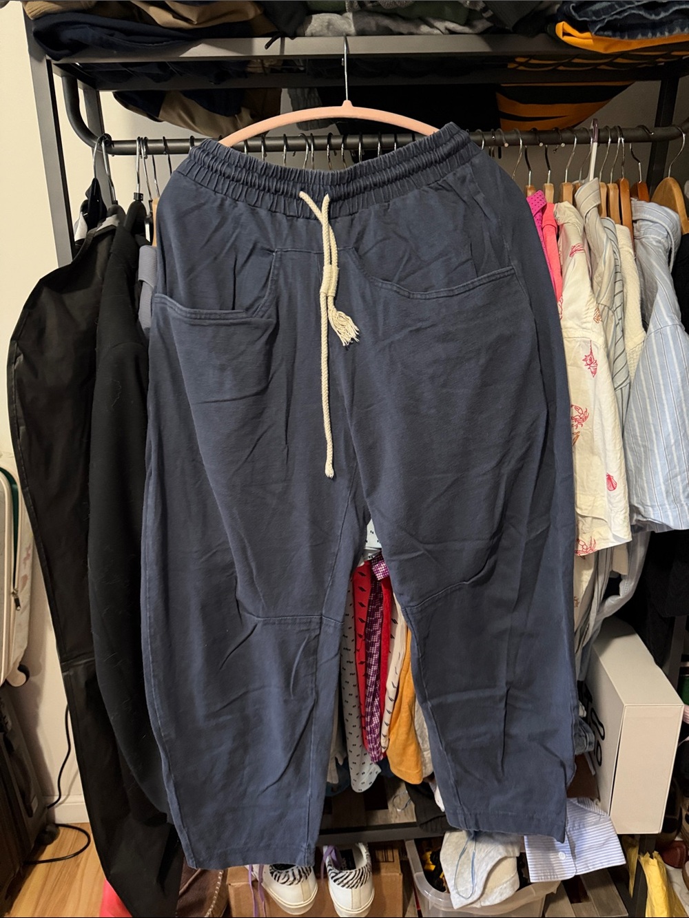 Free People Navy Elastic Drawstring barrel pants